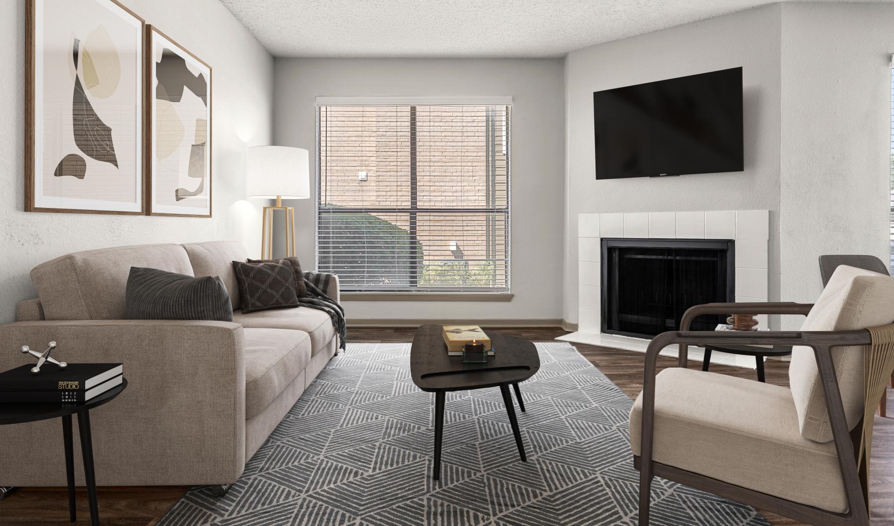 a living room with a fireplace