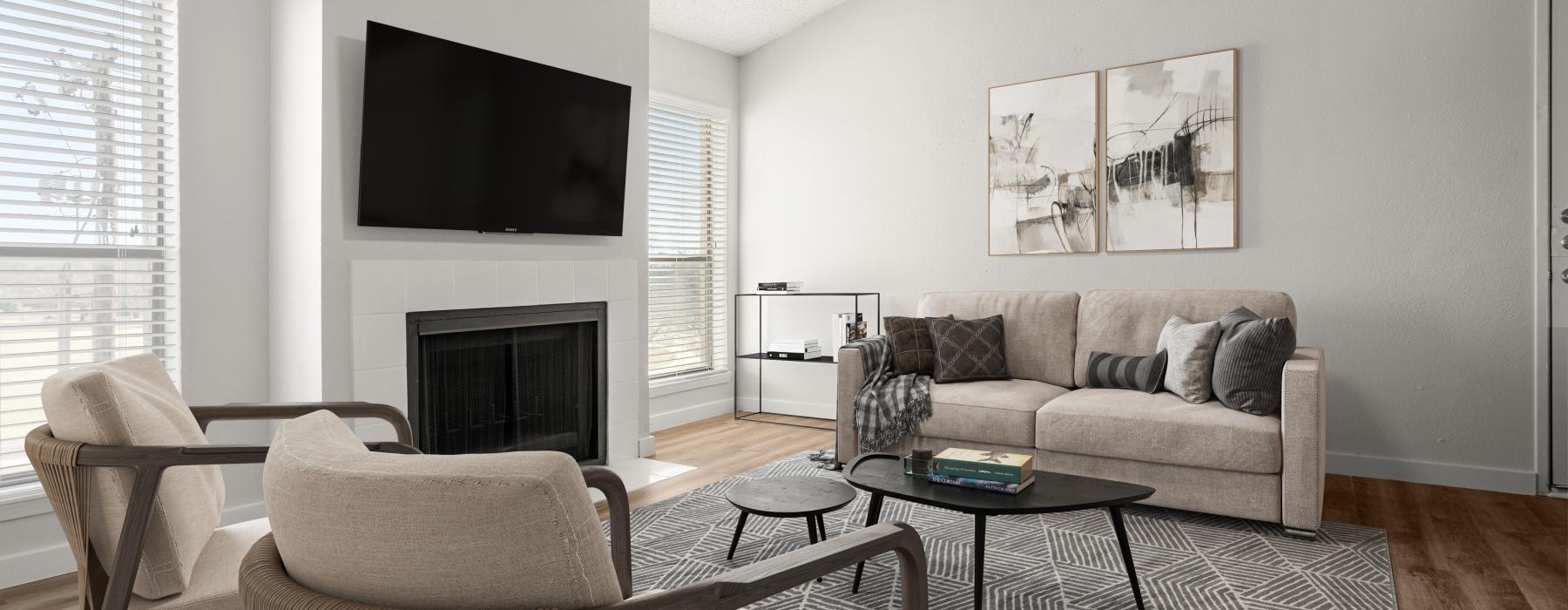 a living room with a fireplace